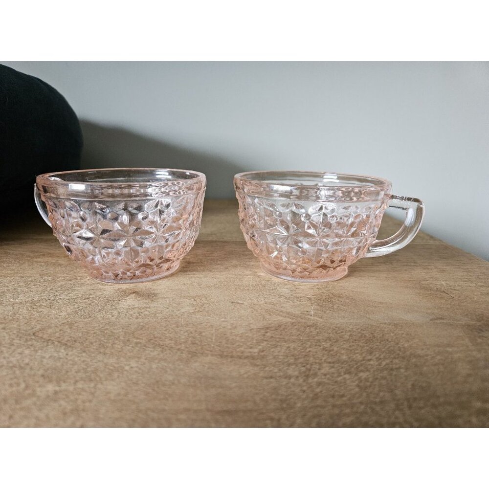 Vintage Pink Jeanette Glass Buttons & Bows Cups Set of 2